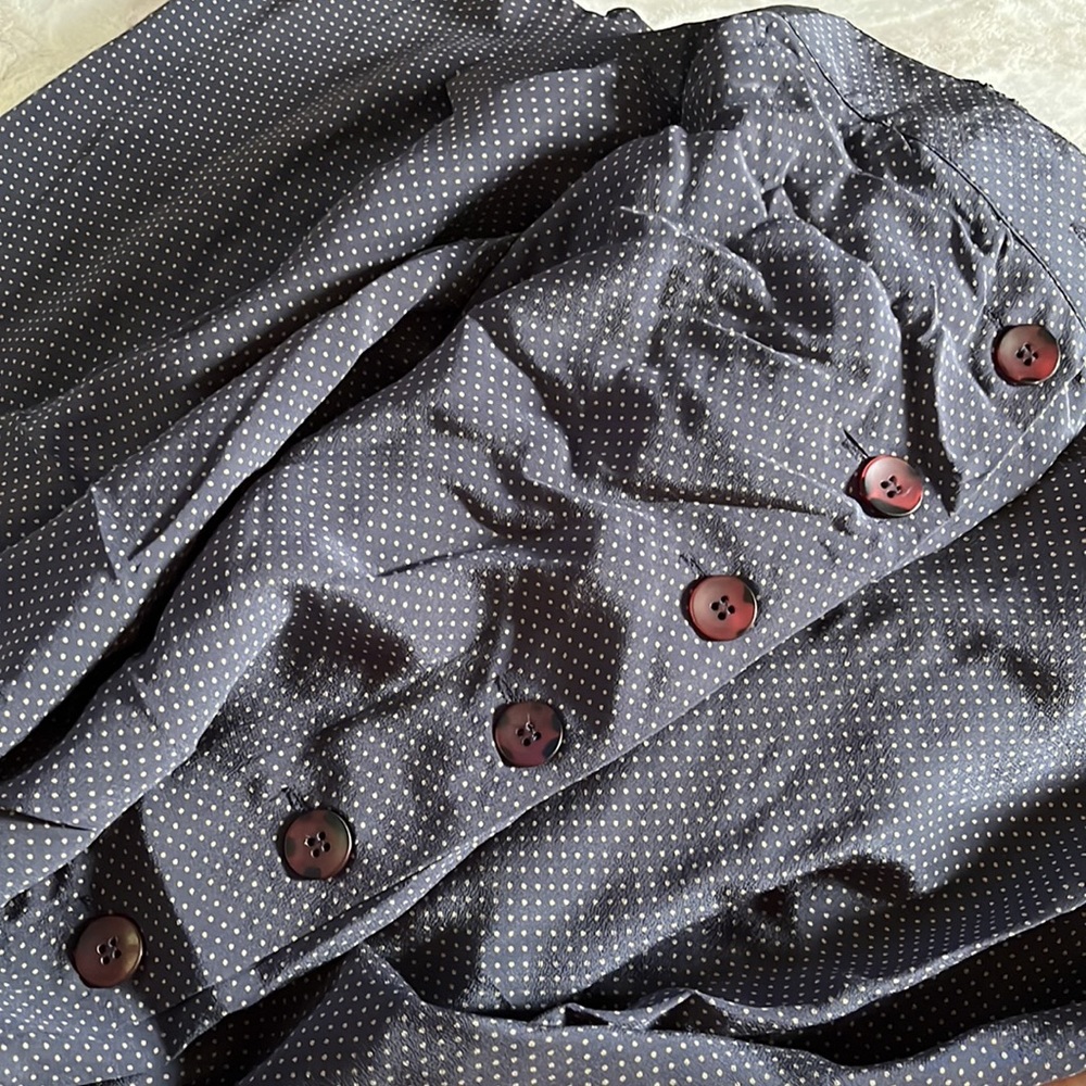 Vintage 100% Silk Navy & Cream Polka Dot Front Button Skirt
